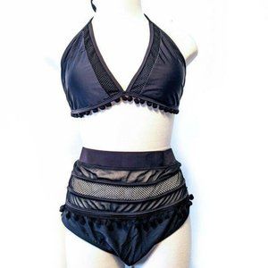 Black Large High Waist Halter Retro Pom Pom Mesh H